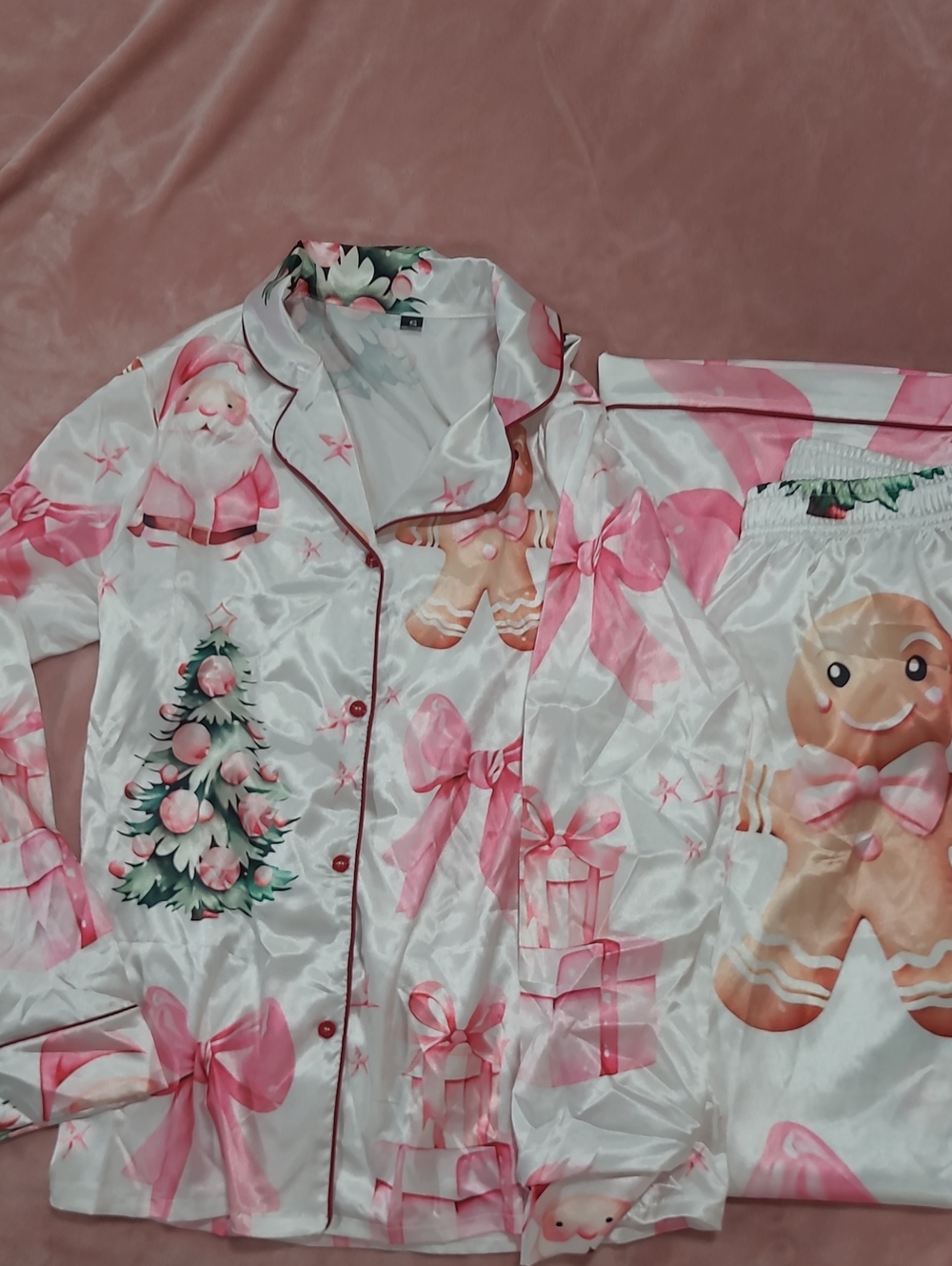 Woman Pink Holiday Satin Pajama Set with Christmas Print